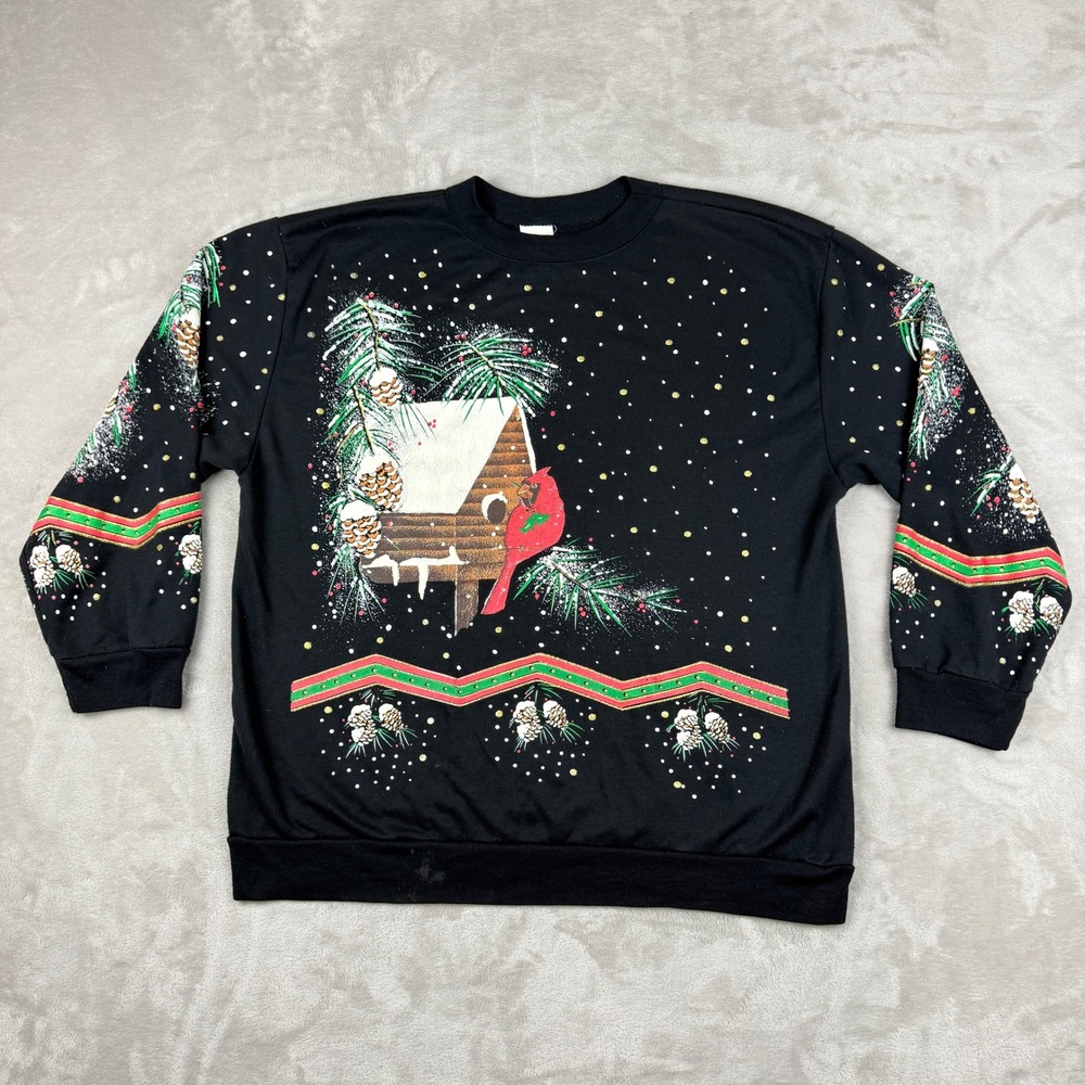 VTG Christmas on Mainstreet Ugly Sweater Women L Cardinal Birdhouse Winter USA